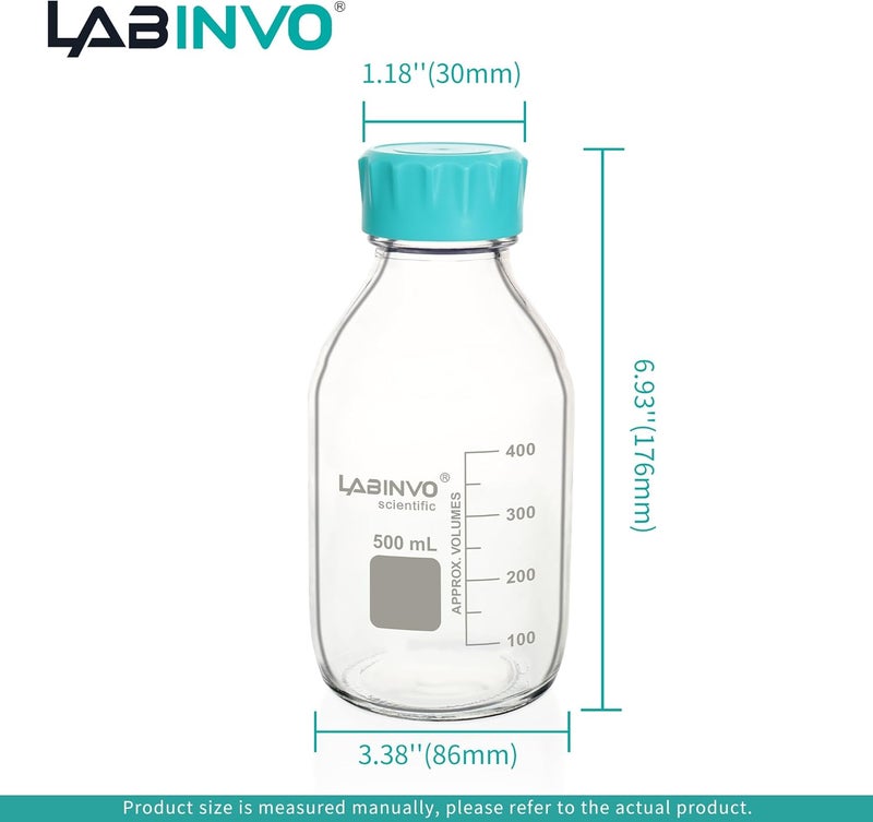 LINVO Glass Round Media Storage Bottles, 6pcs of Vol.500ml, 3.3 Borosilicate Glass Material, With GL45 Polypropylene Screw Cap in Aqua Blue Color, Type B Cap,IN-RB500B - Image 5